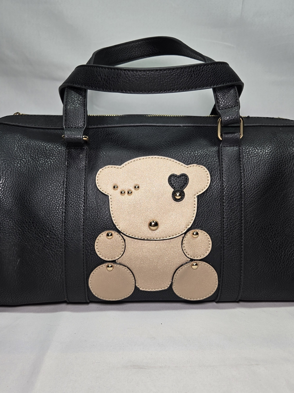 Black Pebbled Vegan Leather Teddy Bear Duffle Satchel Bag Whimsical Y2K Japanese